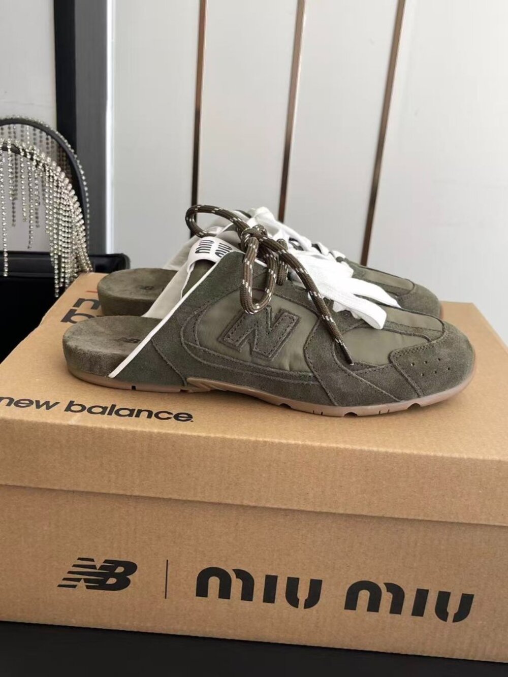 Miu Miu x New Balance Olive Green Suede Nylon Slip-On Mule Sneakers - Picture 2 of 7